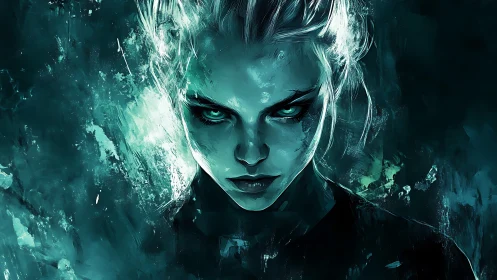 Storm-eyed sorceress burns through teal fractured darkness