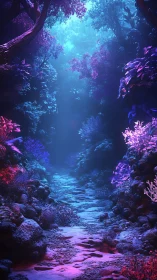 Dreamlit forest path washed in soft neon twilight hues.