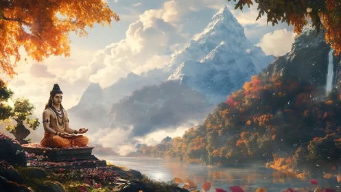 Mountain river meditation under glowing autumn trees.