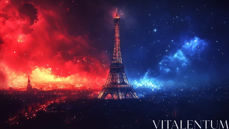 Spectral bicolor atmosphere enveloping Eiffel Tower skyline.