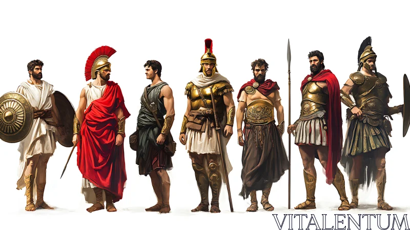 Lineup of ancient Greek warriors in varied armor styles.
