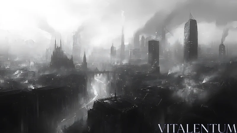Monochrome smog-drenched dystopian megacity skyline panorama