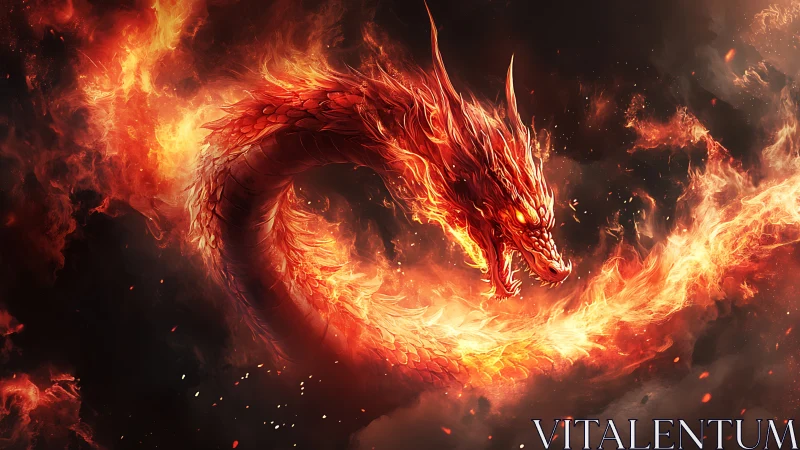 Digital painting of a coiling infernal fire dragon in motion.