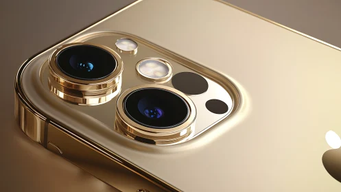 Gold smartphone camera module shows detailed triple lens array