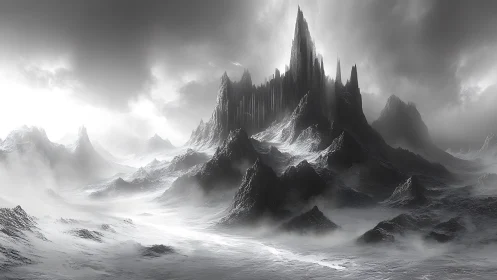 Glacial basalt spire citadel in storm-lit monochrome valley