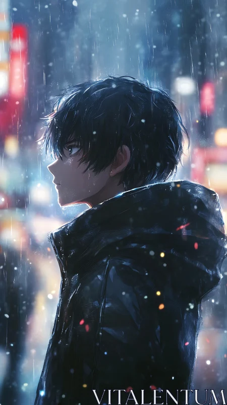 Rainlit anime profile portrait in neon urban nightscape.