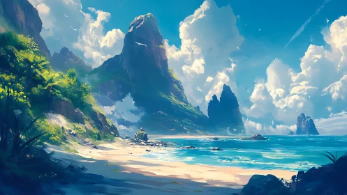 Coastal landscape with towering rock formations and beach.