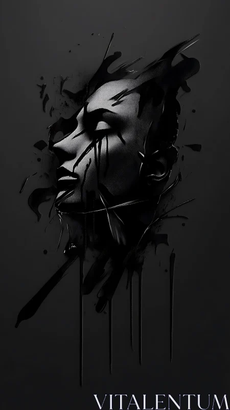Rendered monochrome face emerges from fluid black surface