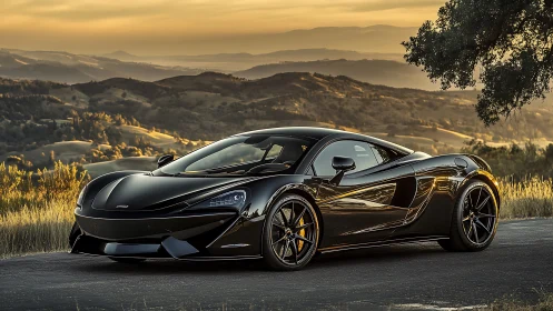 Black sports coupe is parked on a rural mountain roadway