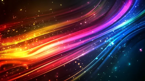 Vibrant light trails sweep diagonally through deep space