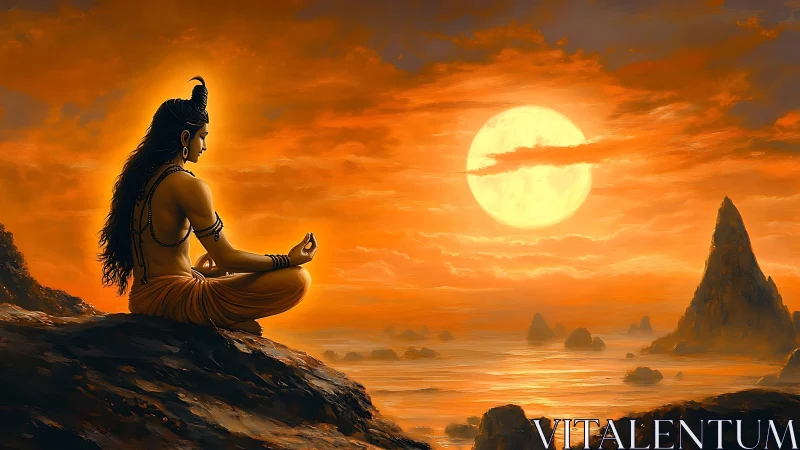 Serene deity meditating beside a molten orange seascape at dusk.