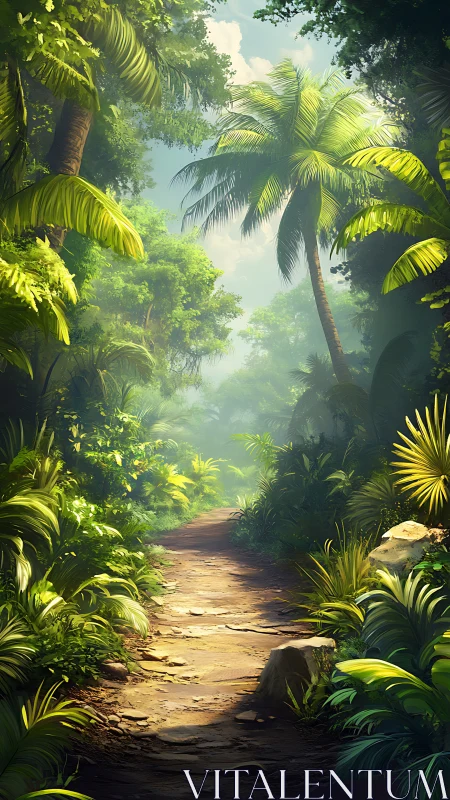Tropical forest canopy pathway rendered with layered vegetation density