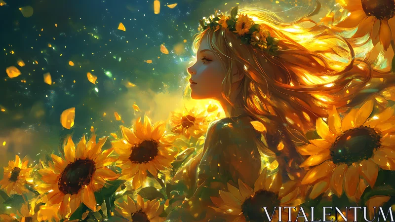 Sunlit girl surrounded by glowing sunflowers at dusk.