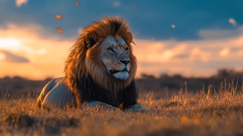 Majestic lion rests in golden savanna light at sunset.