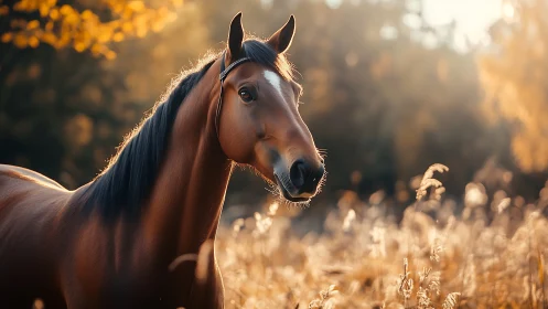 Sunlit bay horse listens to autumn fields hum softly