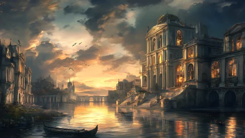 Sunset over grand canal city with illuminated domes.