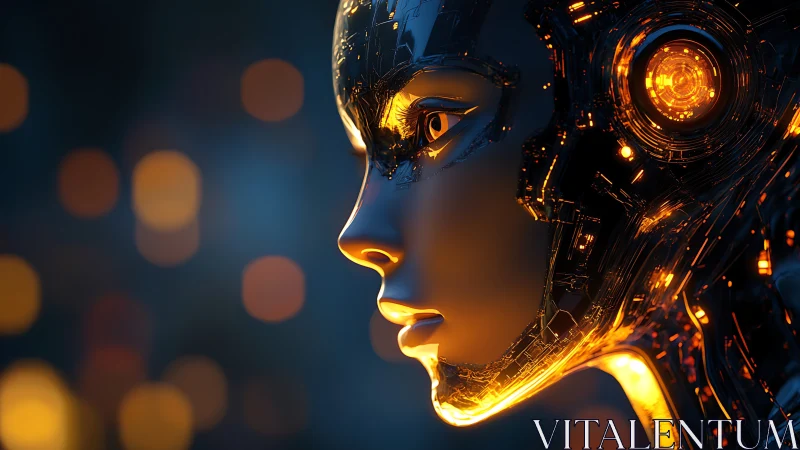 Side profile of humanoid cybernetic head with orange circuits.