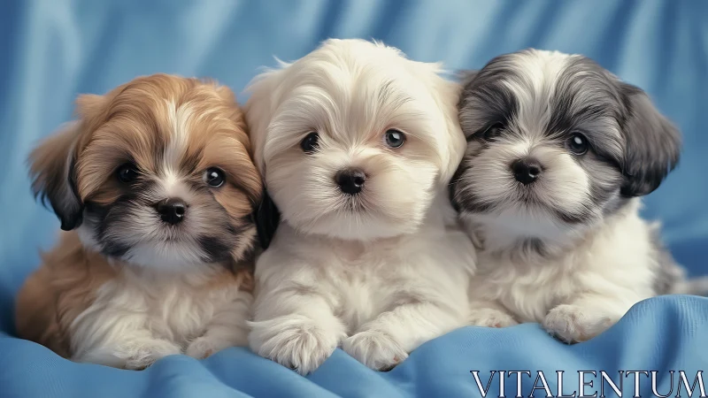 Photorealistic trio of Shih Tzu puppies on blue drapery.