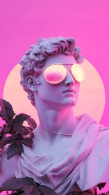 Neoclassical bust wears neon sunglasses under pink halo.