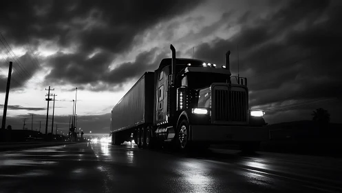Aerodynamic semi truck crosses wet highway under storm-lit sky