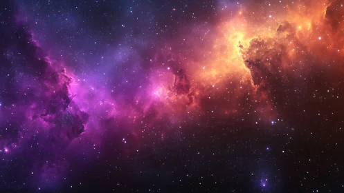 Deep space nebula with vivid purple and orange gas clouds.