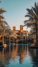 Luxury desert resort courtyard with palm-lined pool at dusk.