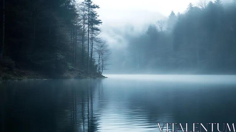 Silent misty forest lake rests under a calm pale blue dawn