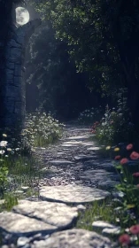 Moonlit stone path through overgrown forest ruins at night.