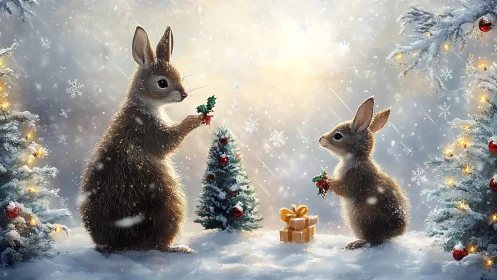 Snowy winter scene shows two rabbits with holly branches