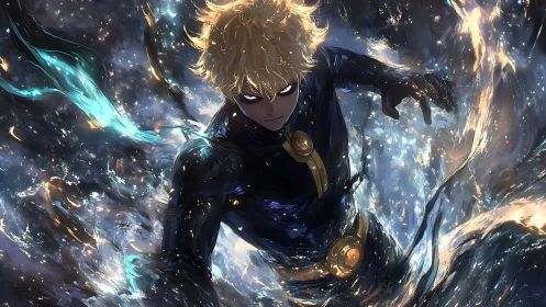 Blond anime figure in dark suit within swirling energy field.