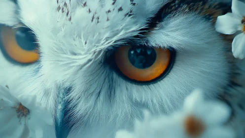 Intense close-up of owl eyes surrounded by soft white flowers.