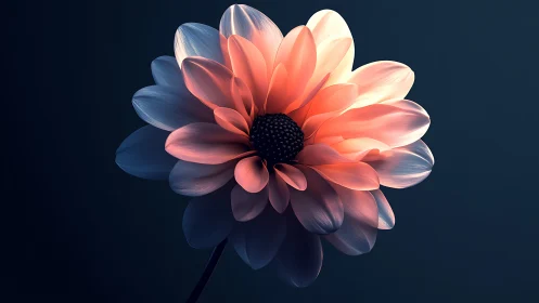 Softly lit digital flower with peach and blue petals.