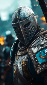 Armored medieval knight stands ready amid burning battlefield