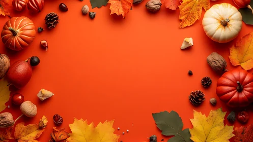 Autumn pumpkins and leaves border on vivid orange background.