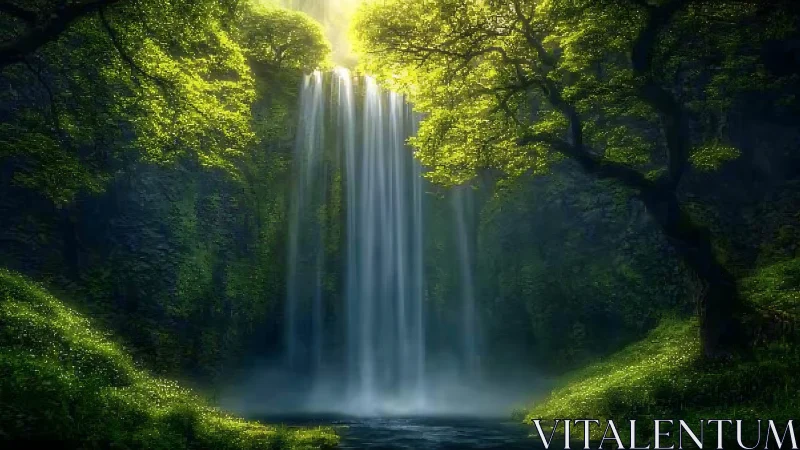 Luminous Waterfall in Verdant Forest Canyon.
