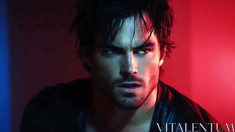 Brooding man in neon red and blue cinematic lighting portrait.