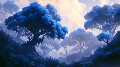 Ethereal Blue Forest: Misty Woodland Landscape