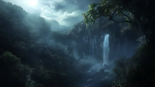 Mystic jungle waterfall shimmers beneath moody twilight skies.