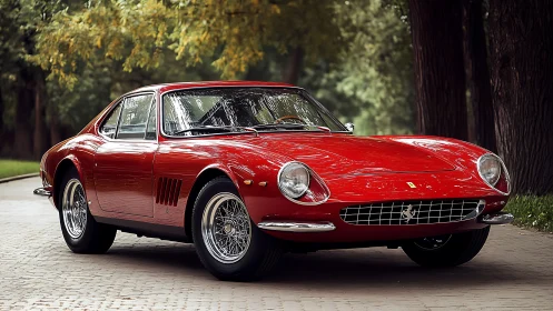 Shining red classic sports car rests along a tree lined park