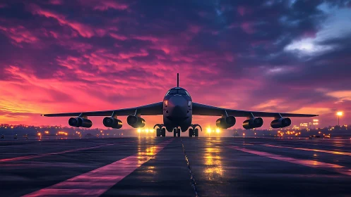 Military jet on wet runway under vivid purple sunrise sky.