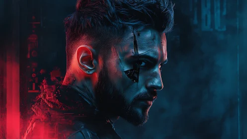 Augmented vigilante in bicolor cybernetic portrait render.