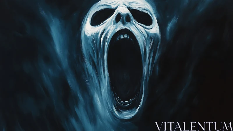 Ghostly screaming skull dissolves into swirling dark mist