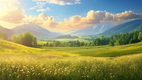 Radiant alpine valley with atmospheric depth and floral foreground.