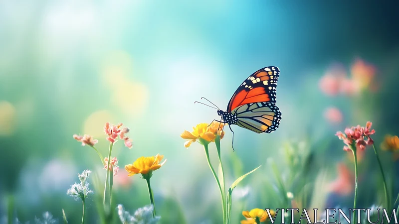 Monarch butterfly hovers over wildflowers in luminous bokeh field