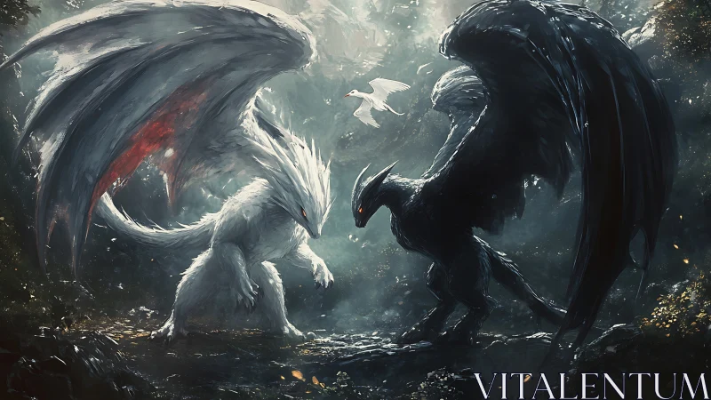 White and black dragons face off in misty forest arena