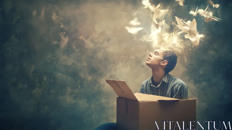 Boy in cardboard box with glowing birds of imagination.