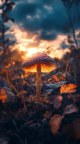 Glowing fly agaric rises from forest floor at sunset