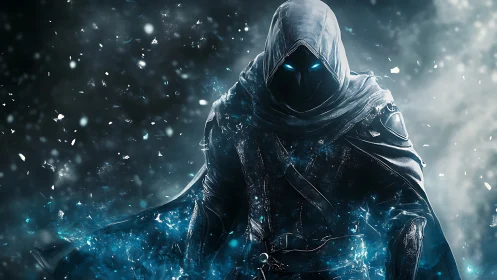 Hooded spectral warrior emerges amid swirling blue energy.