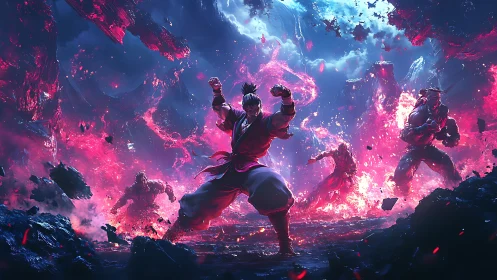 Martial artist charges energy amid glowing red cosmic battlefield