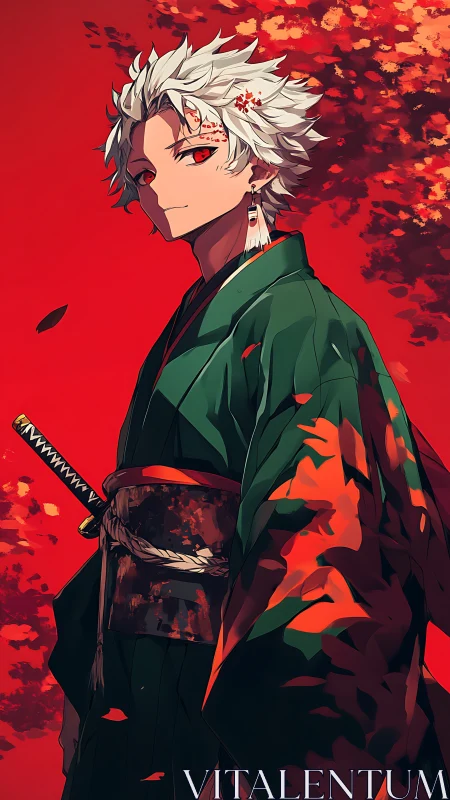 Crimson autumn samurai portrait with high-contrast kimono detail.